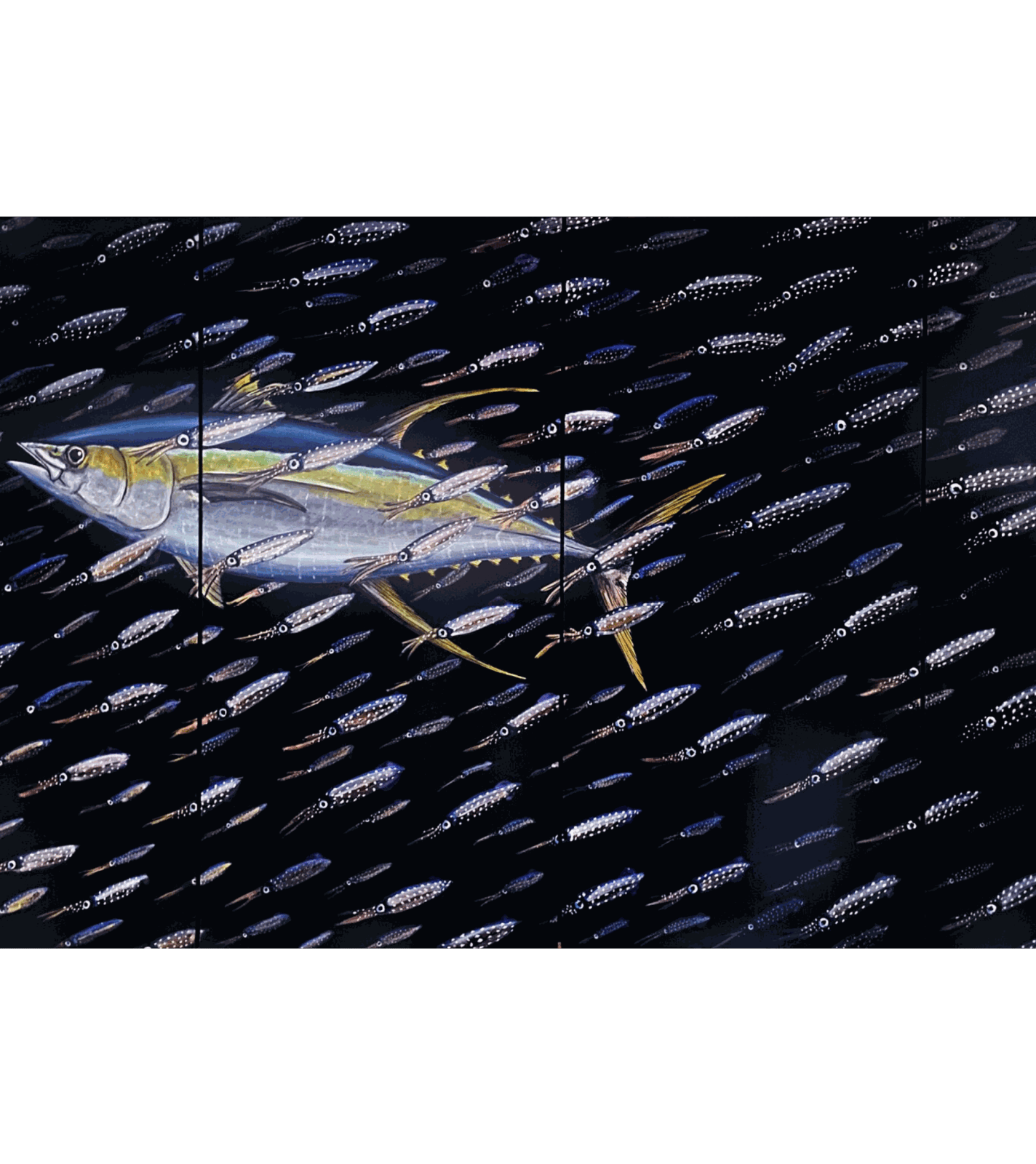 Andrew Thompson. Wood Duck recto Brook Trout and Chironomids verso, 2023. Acrylic on 5 hand carved paddles. Maple rack.