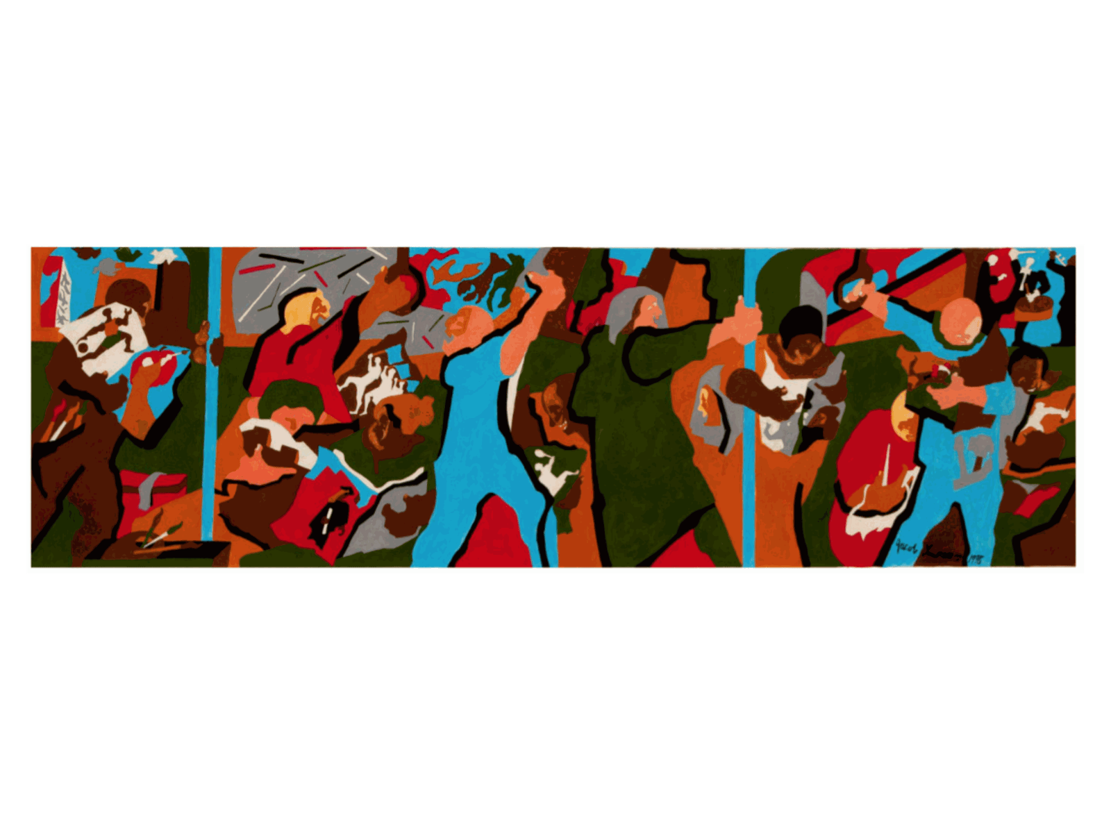 Jacob Lawrence New York in Transit 1, 1996 Gouache and pencil on paper, Sheet size:13 x 42 inches; 26 1/4 x 47 1/4 inches For sale at Surovek Gallery