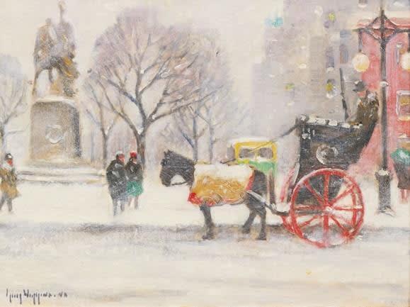 Guy Wiggins Entrance to Central Park, Winter Oil on canvas board 12 x 16 inches Signed lower right: Guy Wiggins N.A. For sale at Surovek Gallery