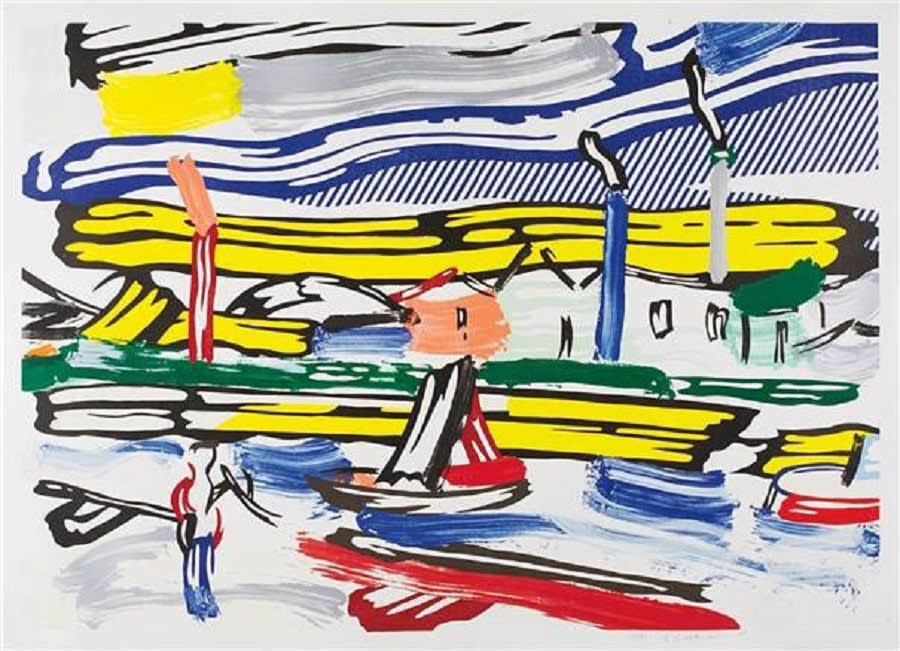 Roy Lichtenstein The River from the Landscape Series, 1985 Woodcut, lithograph and screenprint Image: 37 1/4 x 52 1/2 inches Sheet: 40 1/4 x 55 5/8 inches Edition: #51/60 Signed, numbered, dated lower right: 51/60 R Lichtenstein ’85 For sale at Surovek Gallery