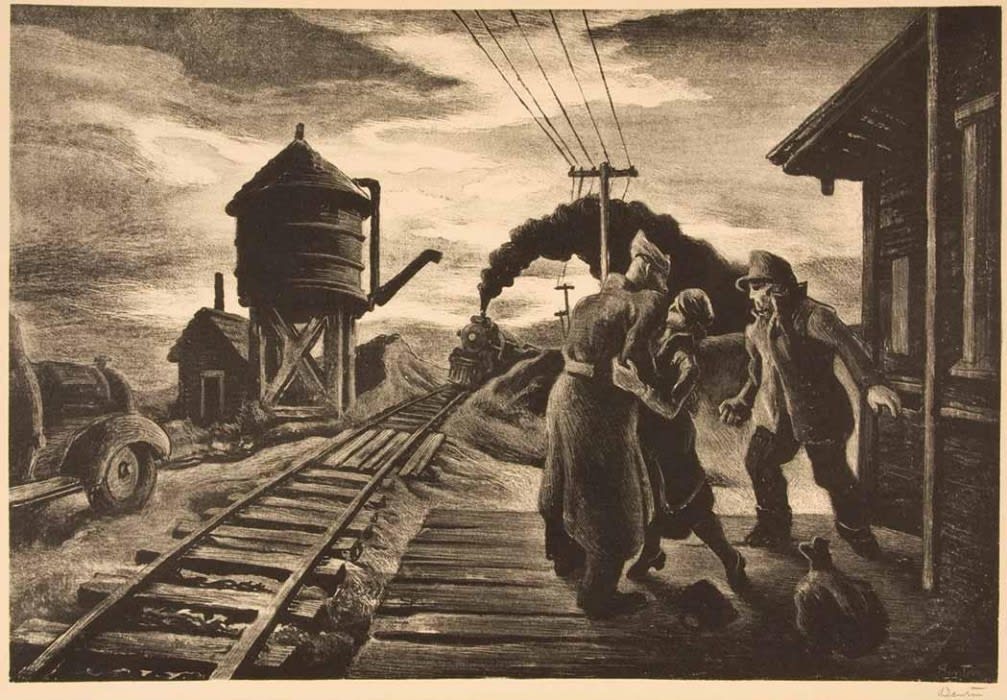 Thomas Hart Benton Morning Train/Soldier’s Farewell, 1943 Lithograph 9 3/8 x 13 1/2 inches Edition: 250 Signed in pencil (l.r.) For sale at Surovek Gallery