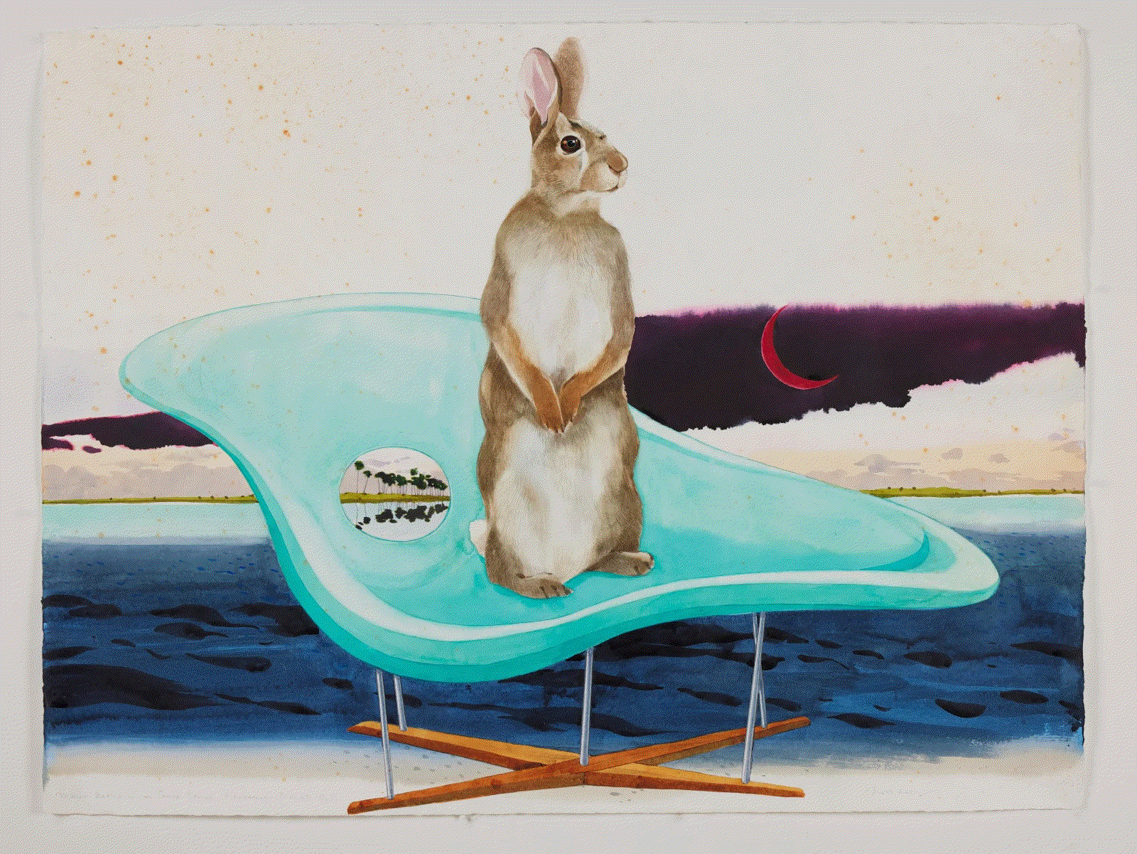 Scott Kelley MARSH RABBIT IN AN EAMES CHAISE, HOMOSASSA, 2023 Watercolor, gouache and ink on paper 30 x 40 in 76.2 x 101.6 cm Available at Surovek Gallery