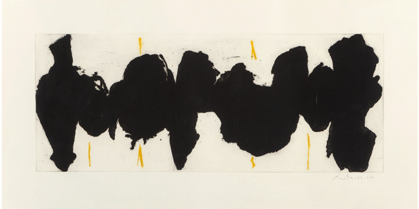 Robert Motherwell RUNNING ELEGY-YELLOW STATE, 1983 Etching and aquatint in colors on George Duchêne Hawthorne of Larrouque handmade paper 11 3/4 x 29 1/2 in 29.8 x 74.9 cm 4/10 Available at Surovek Gallery