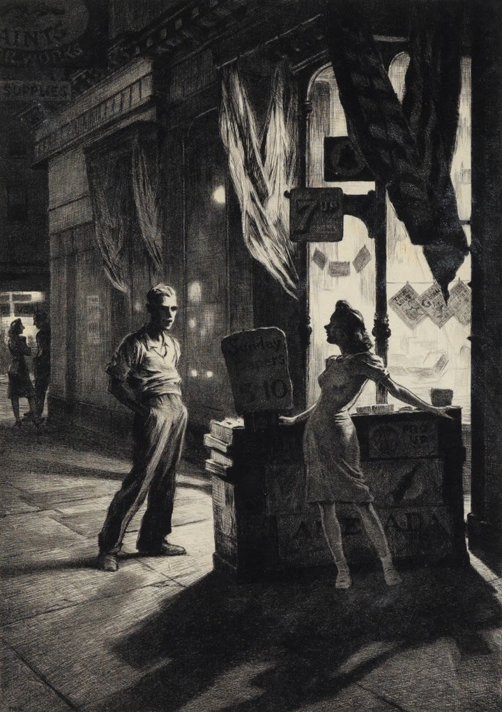 Martin Lewis Chance Meeting,1940-41 Drypoint on paper Signed lower right in pencil For sale at Surovek Gallery