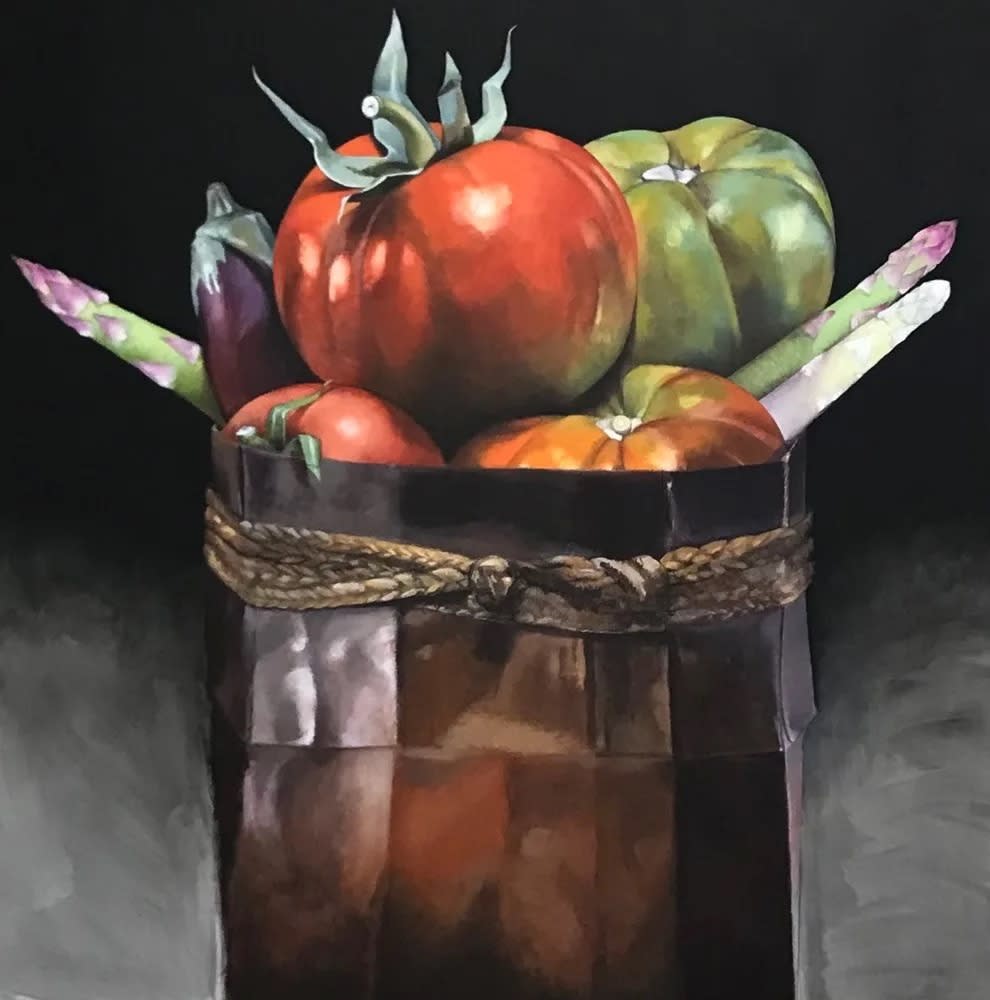 Luis Montoya & Leslie Ortiz VEGETABLE BOX Oil on wood panel 45 x 45 in 114.3 x 114.3 cm Available at Surovek Gallery