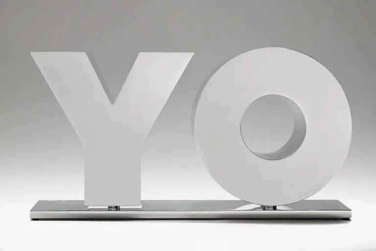 Deborah Kass OY/YO, 1992 Polished solid aluminum on polished aluminum base 7 1/2 x 14 x 3 1/2 in 19.1 x 35.6 x 8.9 cm 31/50 Available at Surovek Gallery