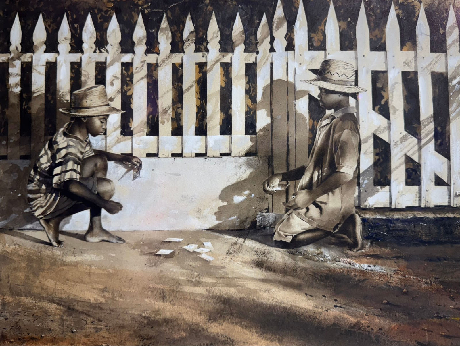 Stephen Scott Young Tossing Cards Drybrush watercolor 12 1/2 x 15 1/2 in (31.8 x 39.4 cm) Signed Available at Surovek Gallery