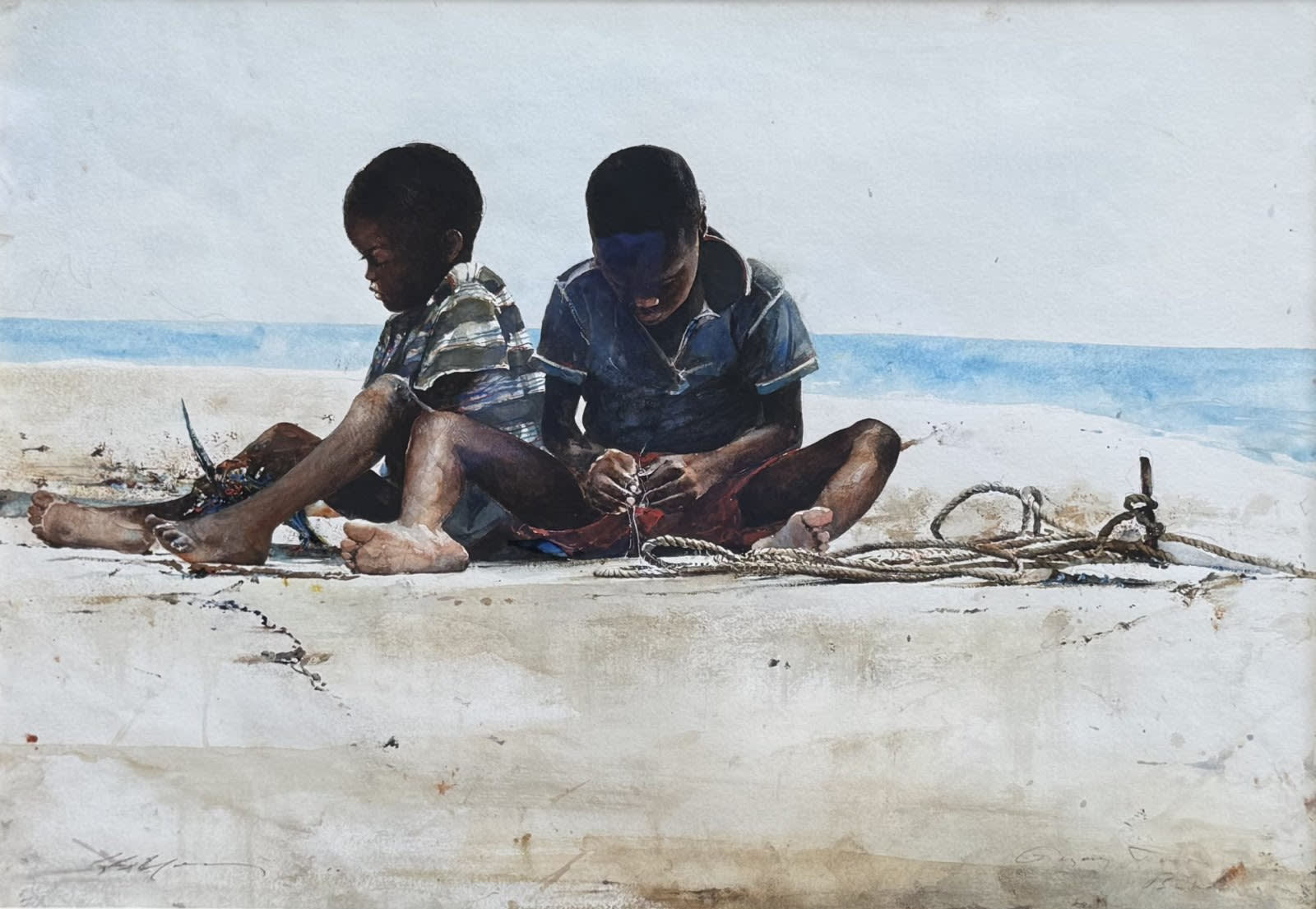 Stephen Scott Young Cutting Bait Drybrush watercolor 22 x 30 in (55.9 x 76.2 cm) Signed Available at Surovek Gallery