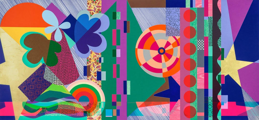 Beatriz Milhazes Dovetail, 2019 Woodblock, screenprint gold leaf and handpainting 33 5/8 x 72 3/4 in 85.4 x 184.8 cm Available at Surovek Gallery