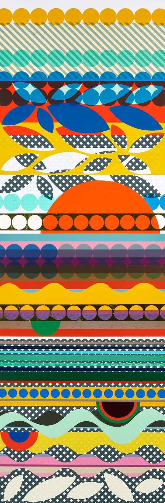 Beatriz Milhazes Mother’s Day, 2016 Woodblock screenprint and goldleaf 51 7/8 x 17 in 131.8 x 43.2 cm Available at Surovek Gallery