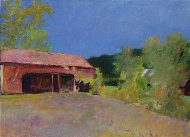 Wolf Kahn Red Shed, Blue Sky, 1987 Oil on canvas Signed lower right 28 x 38 For sale at Surovek Gallery