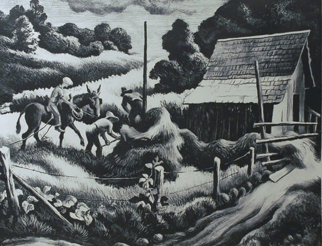 Thomas Hart Benton Haystack, 1938 Lithograph, 10 3/16 x 12 13/16 inches, Edition of 250 Signed: Benton (l.r.), Fath #21 For Sale at Surovek Gallery