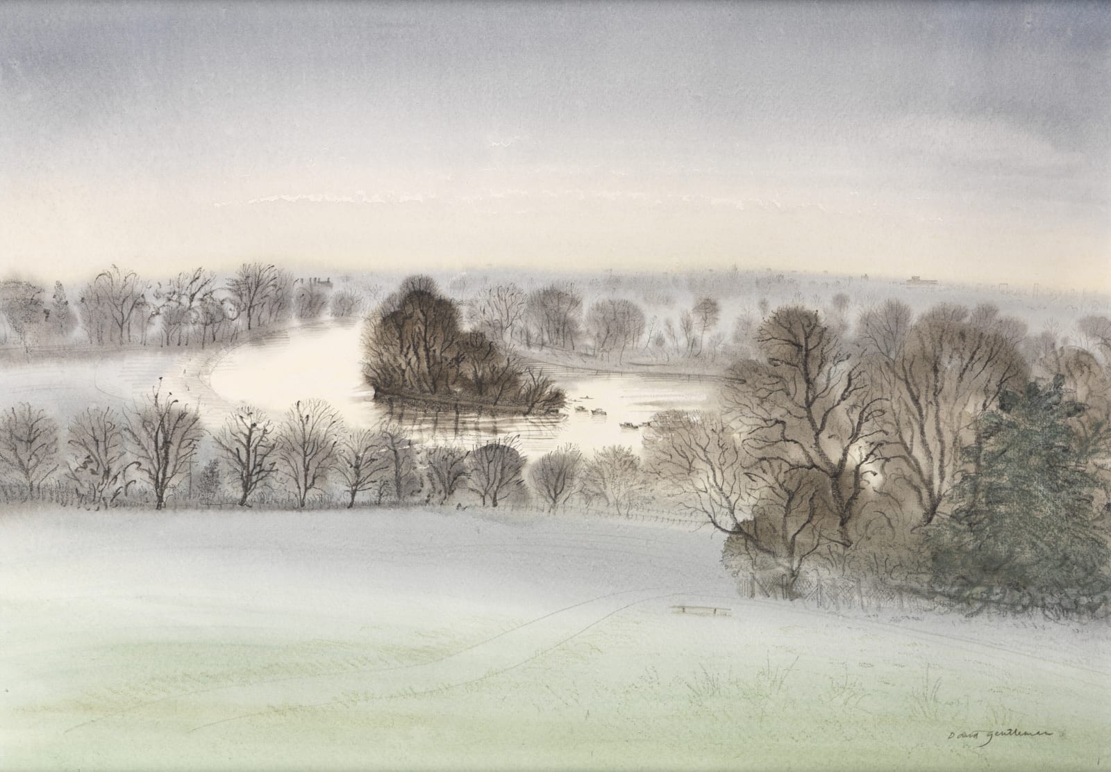 David Gentleman (b. 1930), The Thames and Glovers Island from Richmond Hill