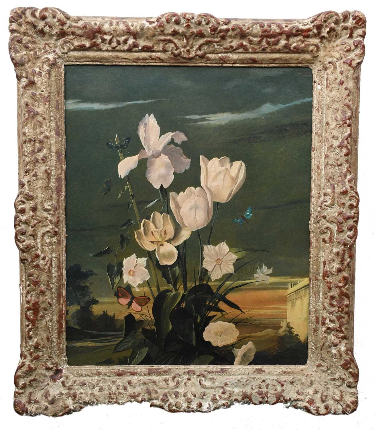 Roy Hobdell (1911-1961), Still-Life: Iris, Narcissus, Tulips and Convolvulus, with Moths