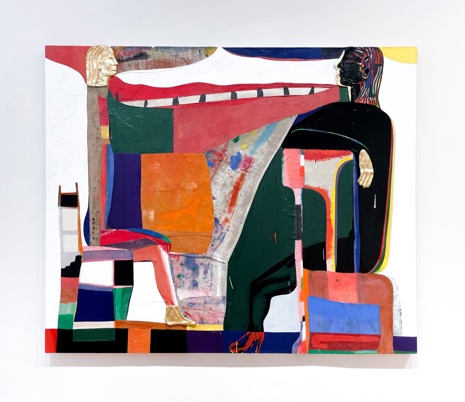 Miles Debas, L'entretien, 2022 - Ink, Acrylic paint & collage with sculptural elements - Aluminum, Plaster, Gold Leaf, Enamel - 152.40 x 182.88 cm - 60 x 72 in