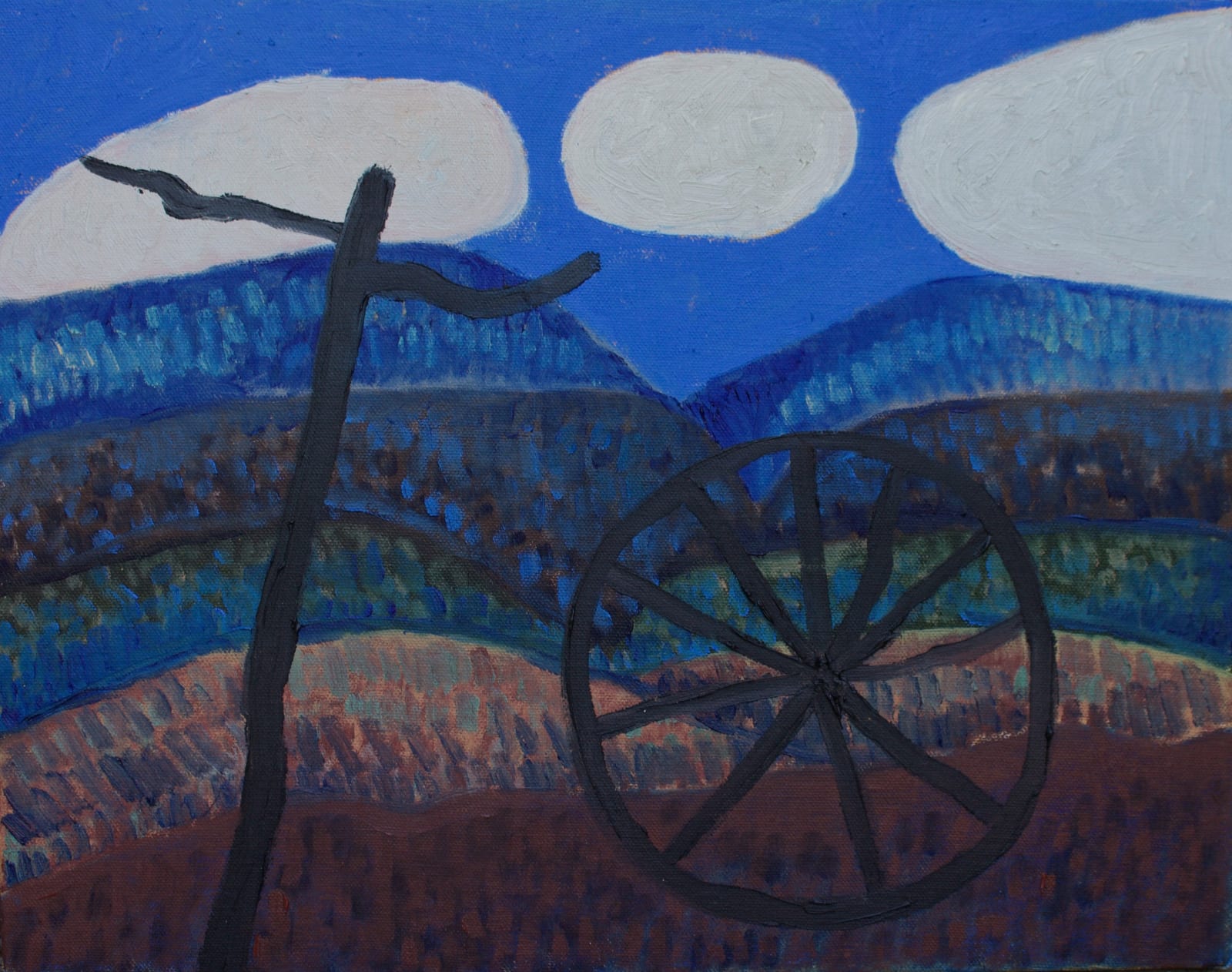 stephen w. evans, tree and wheel in a landscape, 2020