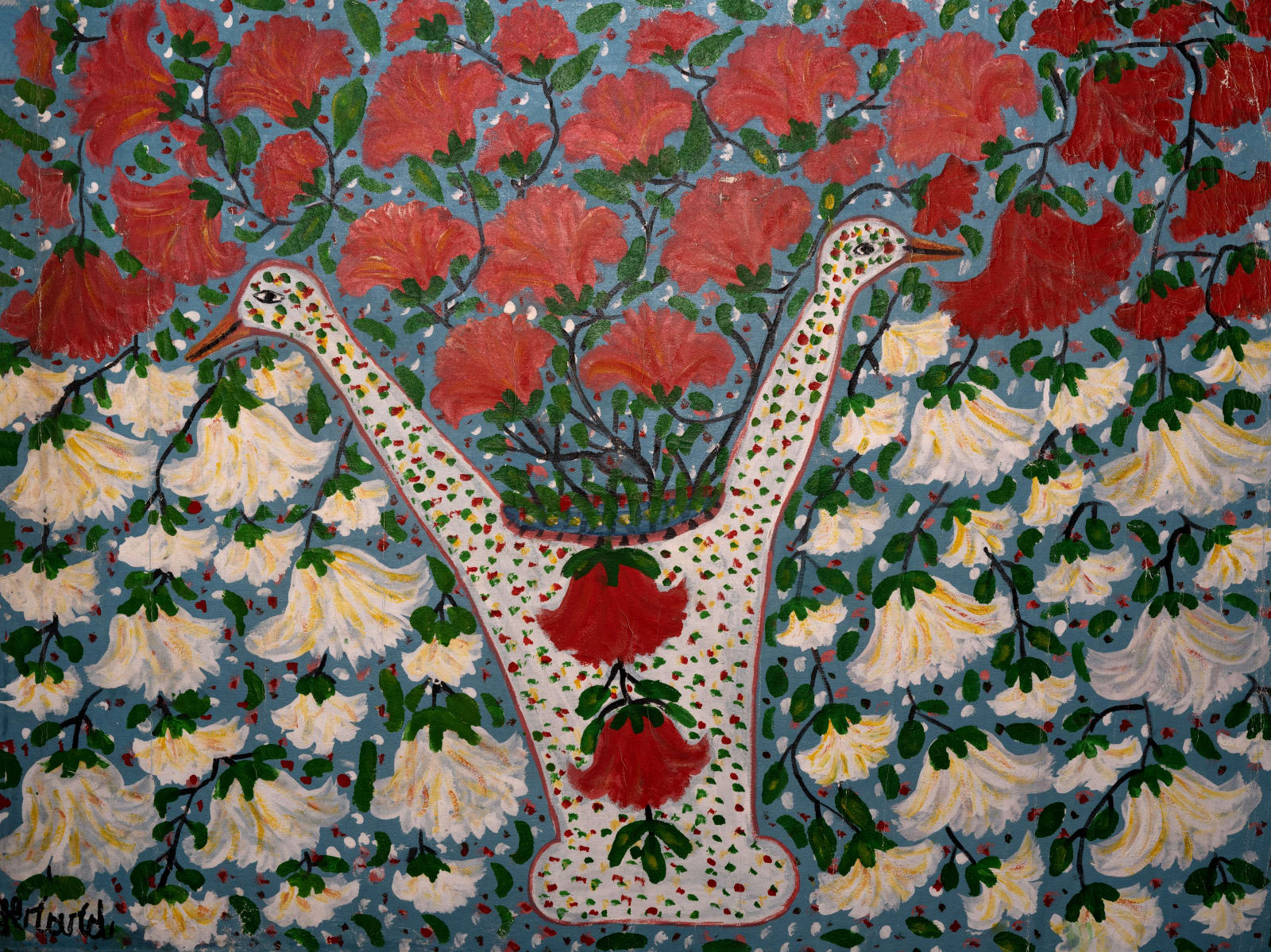 Gerard, Red and White Flowers in Bird Vessel