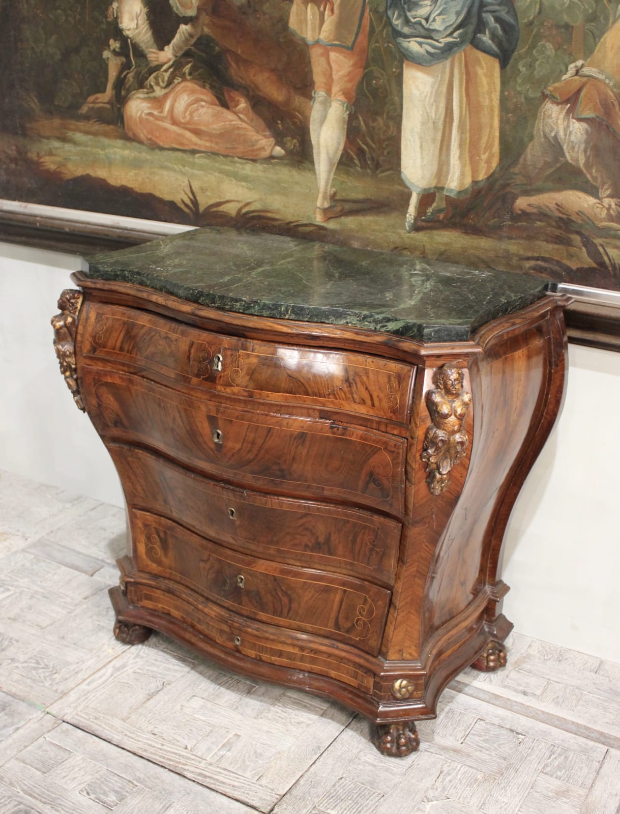 18th century Spanish walnut bombe commode with marble top