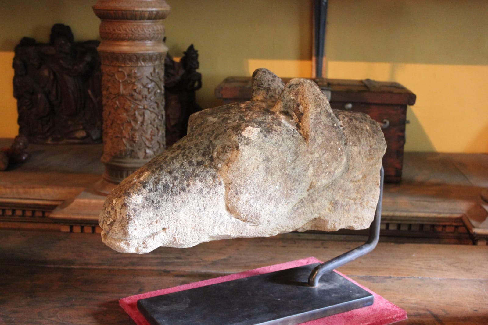 Large stylised medieval carved stone horses head, 13th century