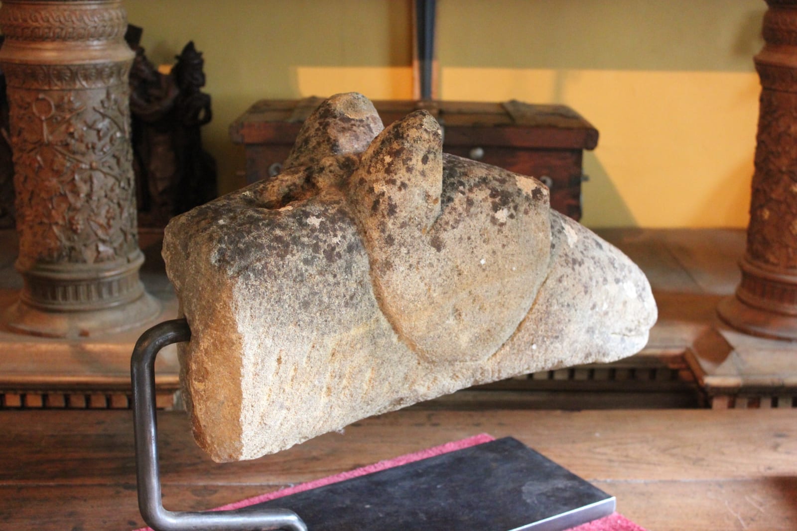 Large stylised medieval carved stone horses head, 13th century