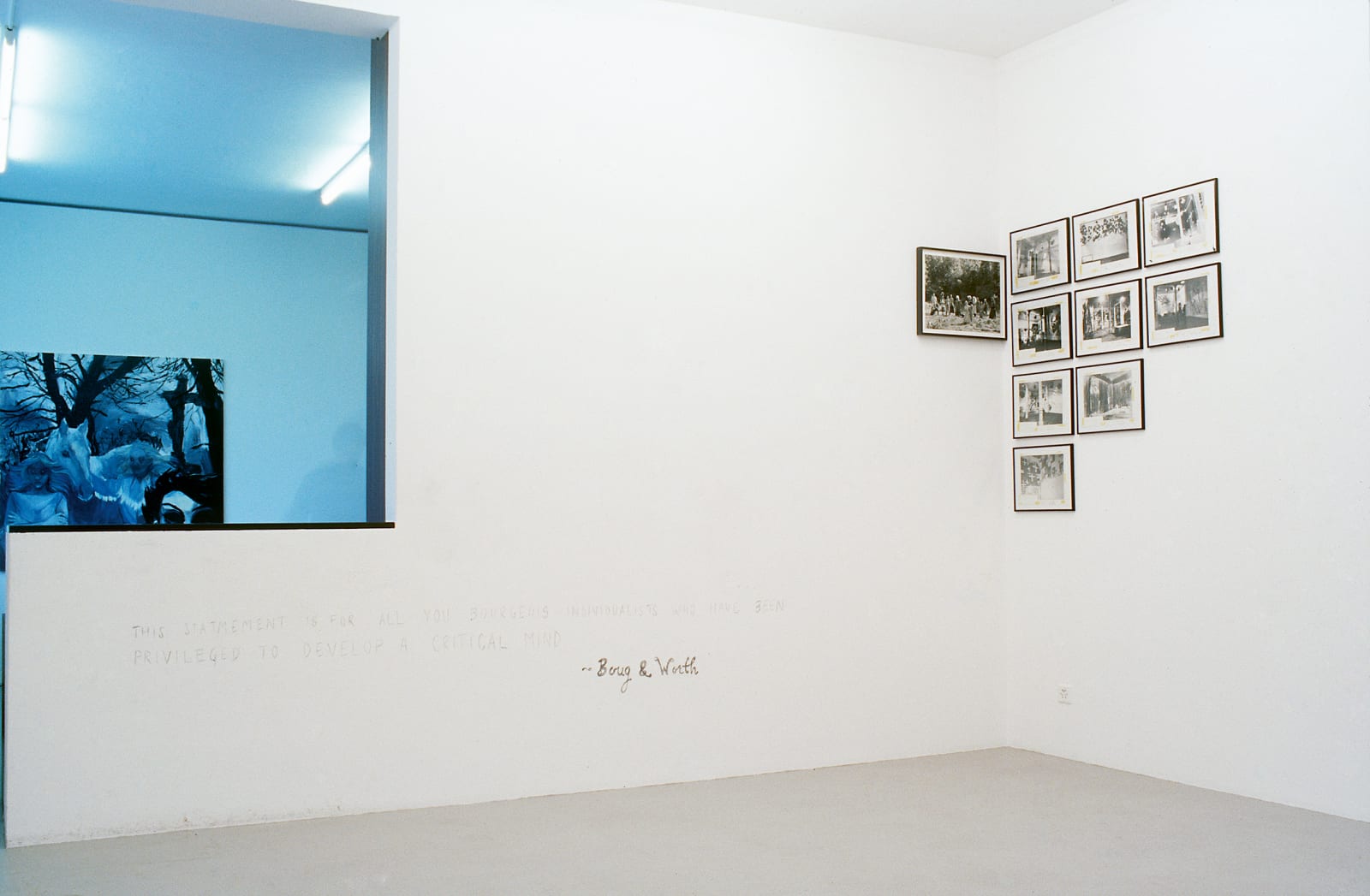Installation view, Violence the true way, Galerie Peter Kilchmann, Limmatstrasse, Zurich, Switzerland, 2002
