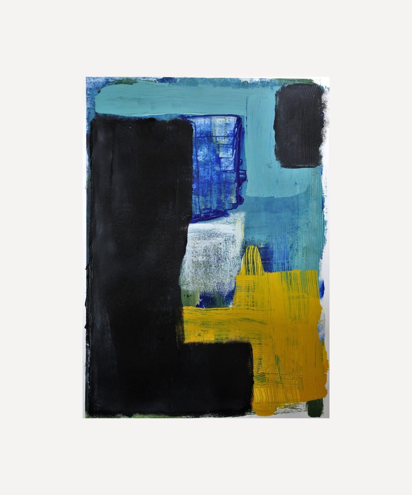 Abstract painting titled Foundations of Truth featuring layered blocks of deep black, ocean blue, teal, and a striking yellow cross-like form, symbolising balance between darkness and illumination.