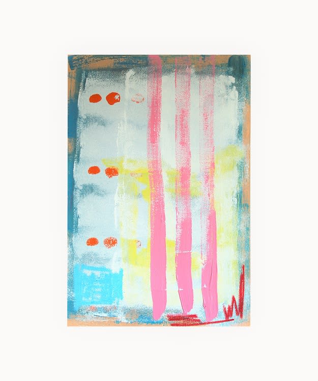 Abstract painting titled And Then the Rain Came, featuring soft layers of blue, yellow, and white with vertical pink brushstrokes and orange dots. The artwork evokes renewal and emotional release, symbolising the return of hope after difficult times.