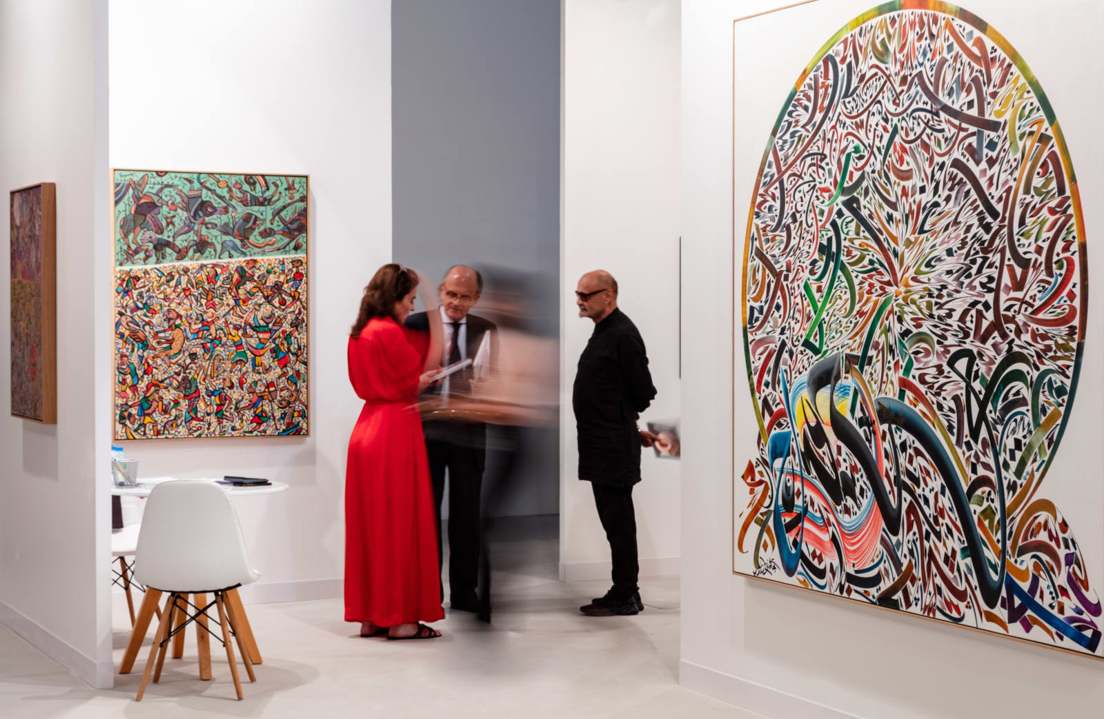 From left to right: Gouider Triki, Face au Soleil, 2015; Gouider Triki, Fantômes et miniatures grouillantes, 2018; Nja Mahdaoui, Boreal I, 2018