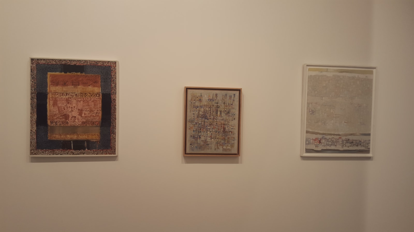 From left to right: Mahjoub Ben Bella, Untitled, 1986; Abdelkader Guermaz, Arabesque de C. Debussy, 1965; Abdelkader Guermaz, Composition, 1975