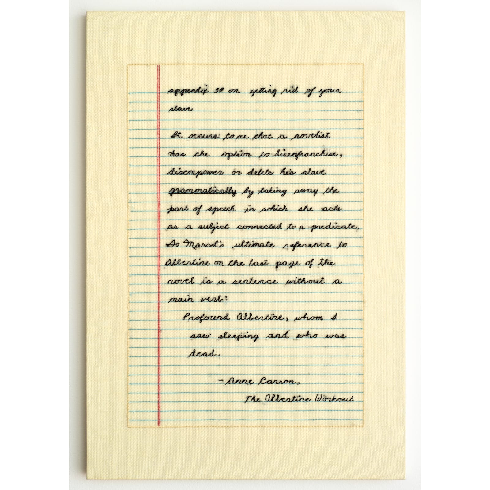 Elaine Reichek, The Albertine Workout, Appendix 34, 2016