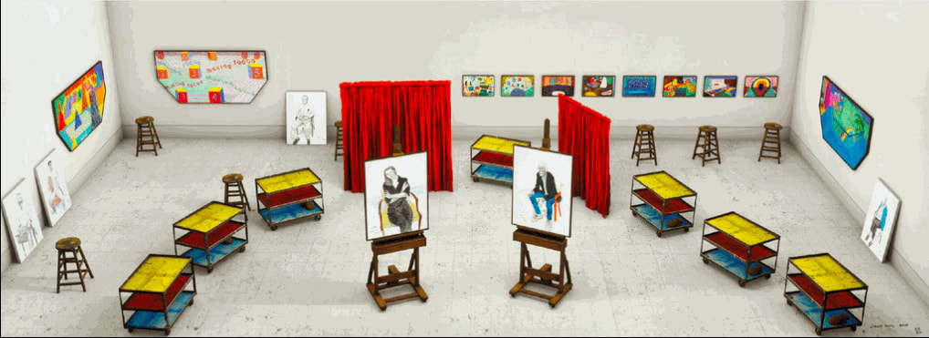 David Hockney, Seven Trollies, Six and a Half Stools, Six Portraits, Eleven Paintings, and Two Curtains, 2018