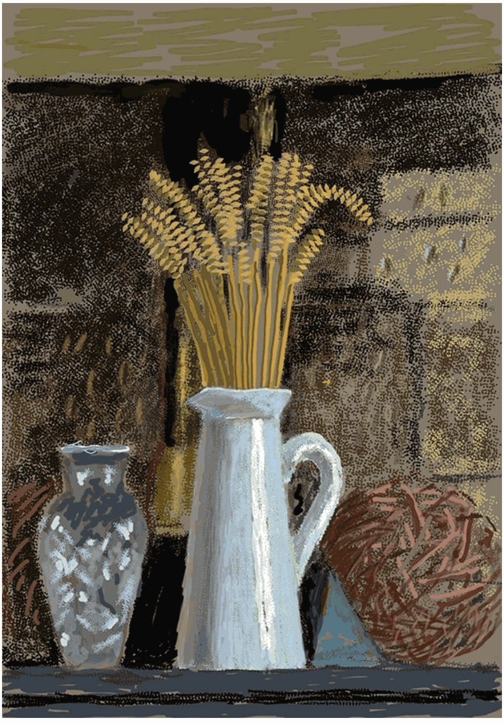 David Hockney , Glass Vase, Jug and Wheat, 2020, 2019