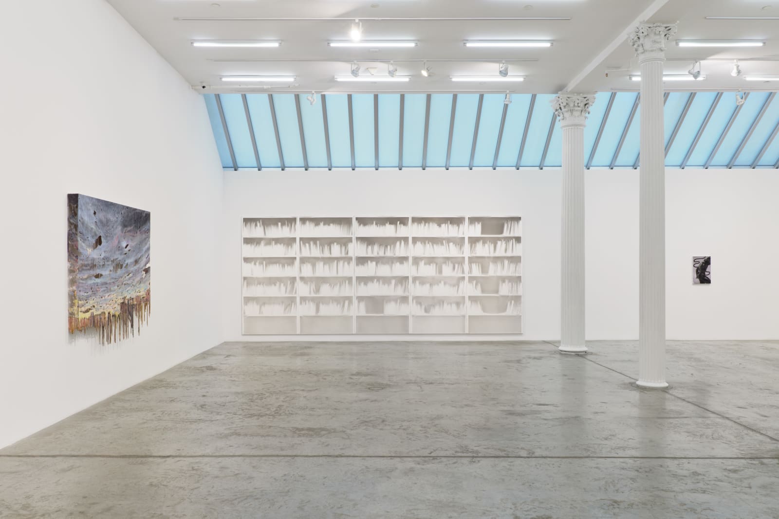 Felt, Velvet, Soot, Gypsum, Engine Oil, Installation view, Bortolami, New York, NY, 2026. Photo: Guang Xu.