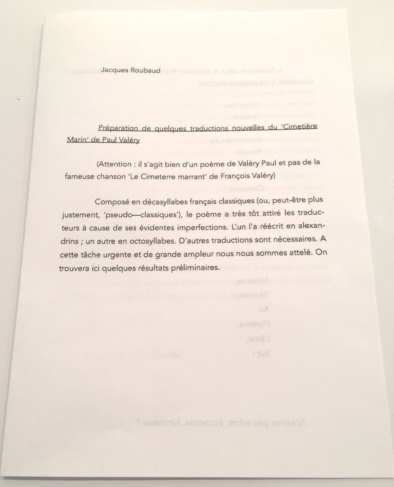 Jacques Roubaud, PREPARATION DE QUELQUES TRADUCTIONS NOUVELLES DU ‘CIMETIERE MARIN’ DE PAUL VALERY, 2016