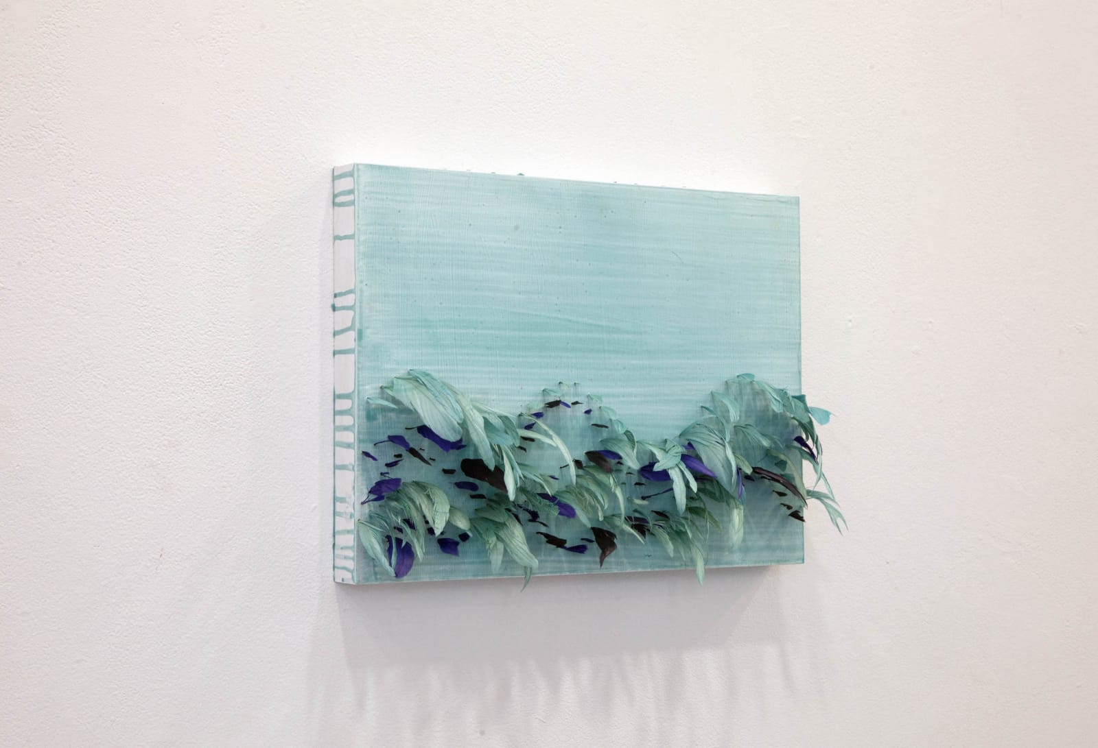 To Settle, 2016, feather, acrylic on panel, 41 x 31 x 10 cm