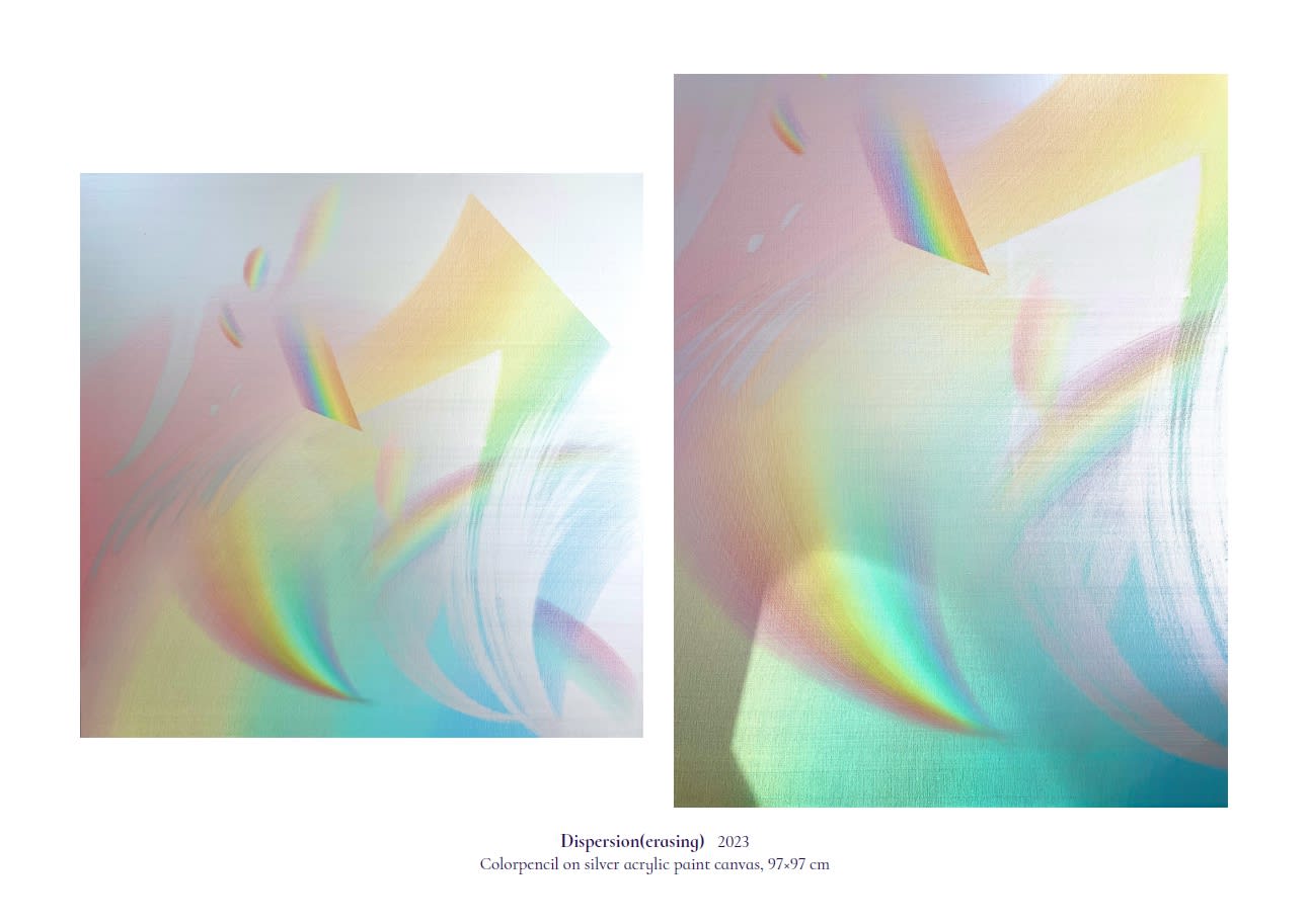 Dispersion(erasing), 2023, colorpencil on silver acrylic paint canvas, 97 x 97 cm