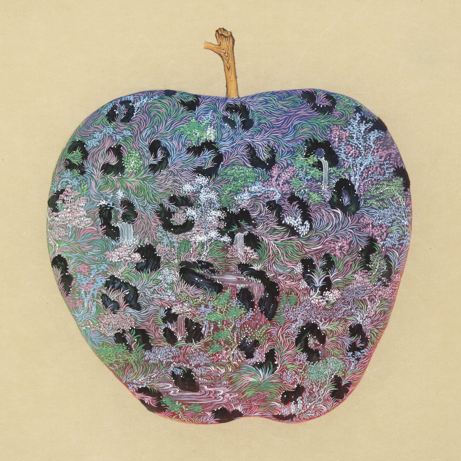 Apple Universe 1, 2022, natural pigment on silk, Gold leaf, 40 x 40 cm