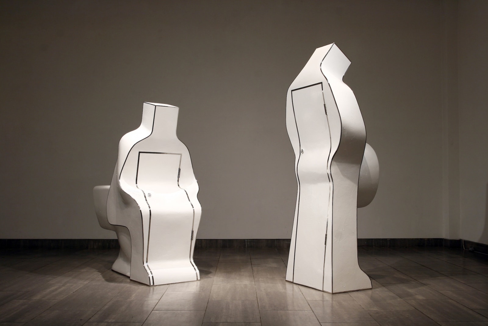 Single #1, #2 (from right), 2010, plaster, stainless, paint, 80 x 75 x 183 cm, 90 x 110 x 150 cm