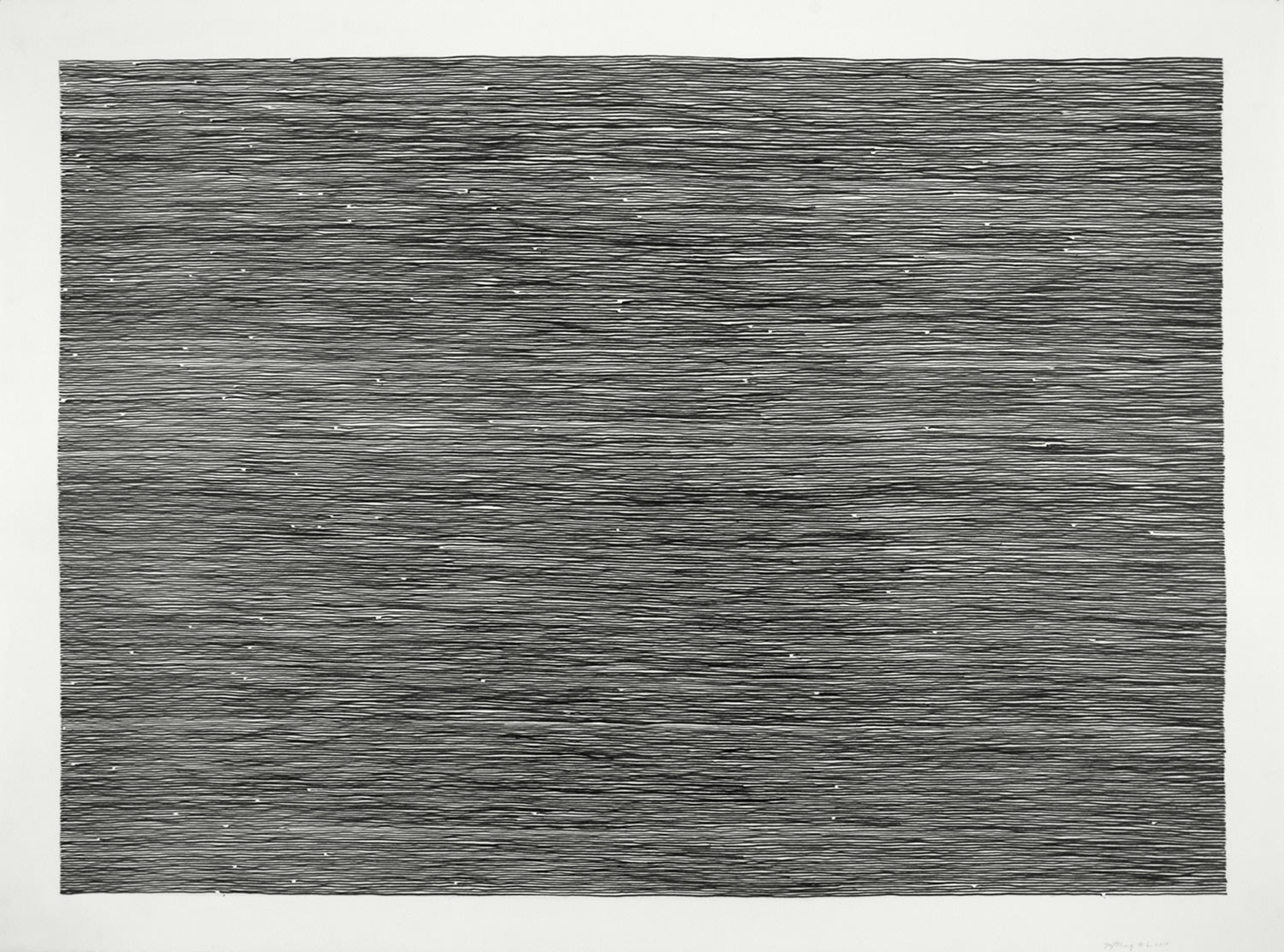 Horizontal lines drawn in graphite in predetermined columns and rows