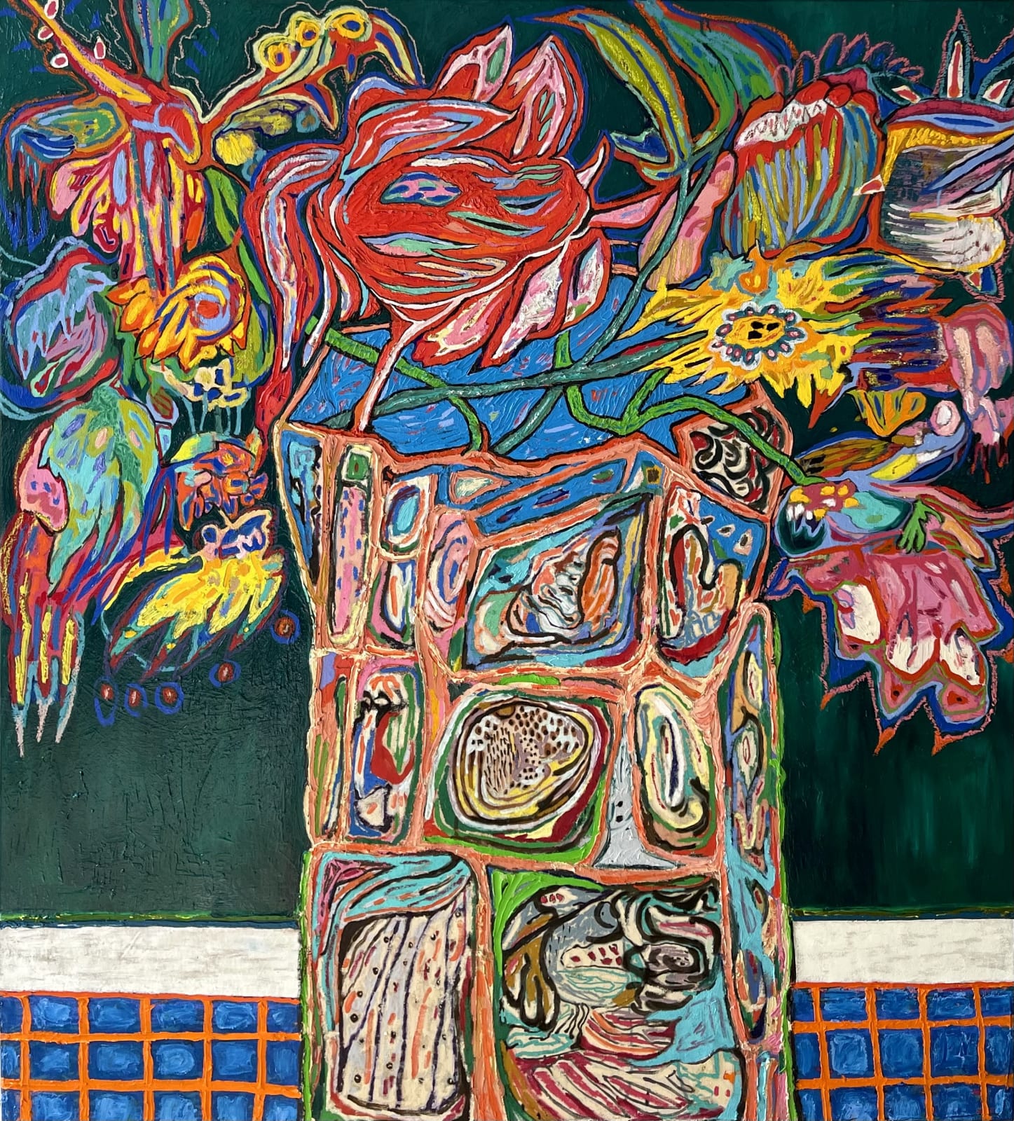 KSENIA DERMENZHI, Flowers On The Checkered Tablecloth, 2023