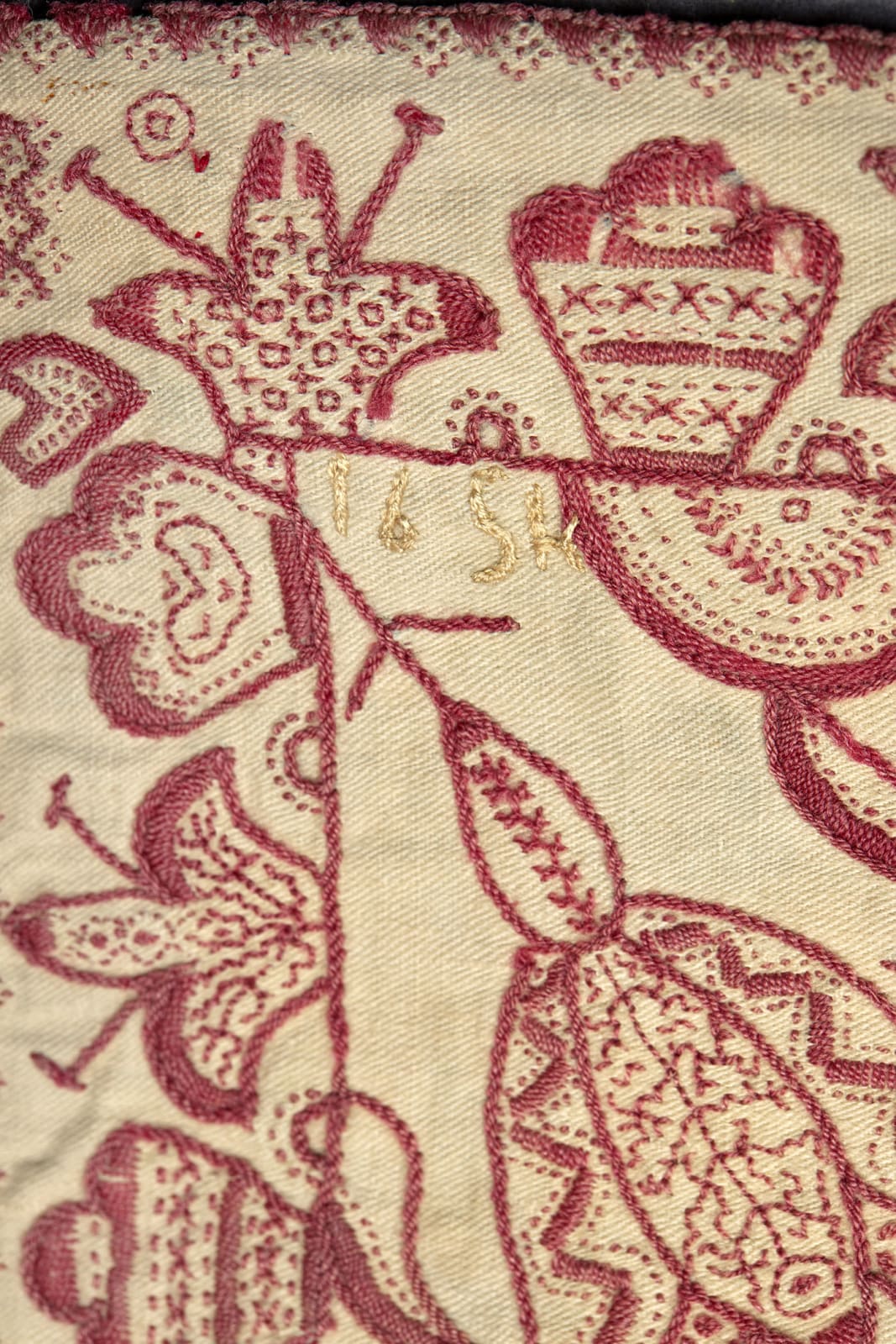 English, Redwork table cover, dated 1654