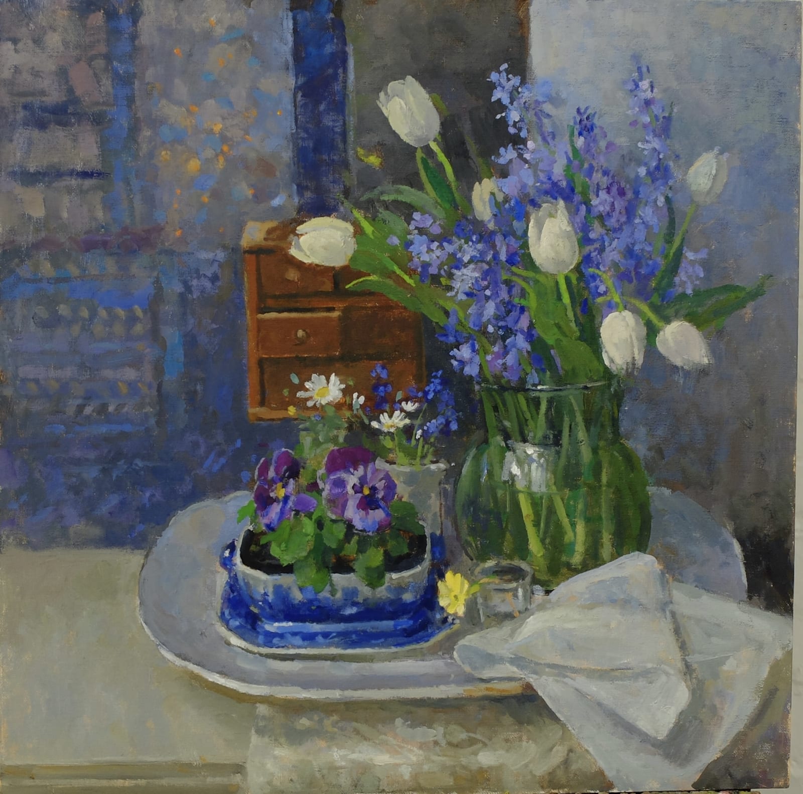 Pamela Kay, Still Life with Bluebells and Tulips