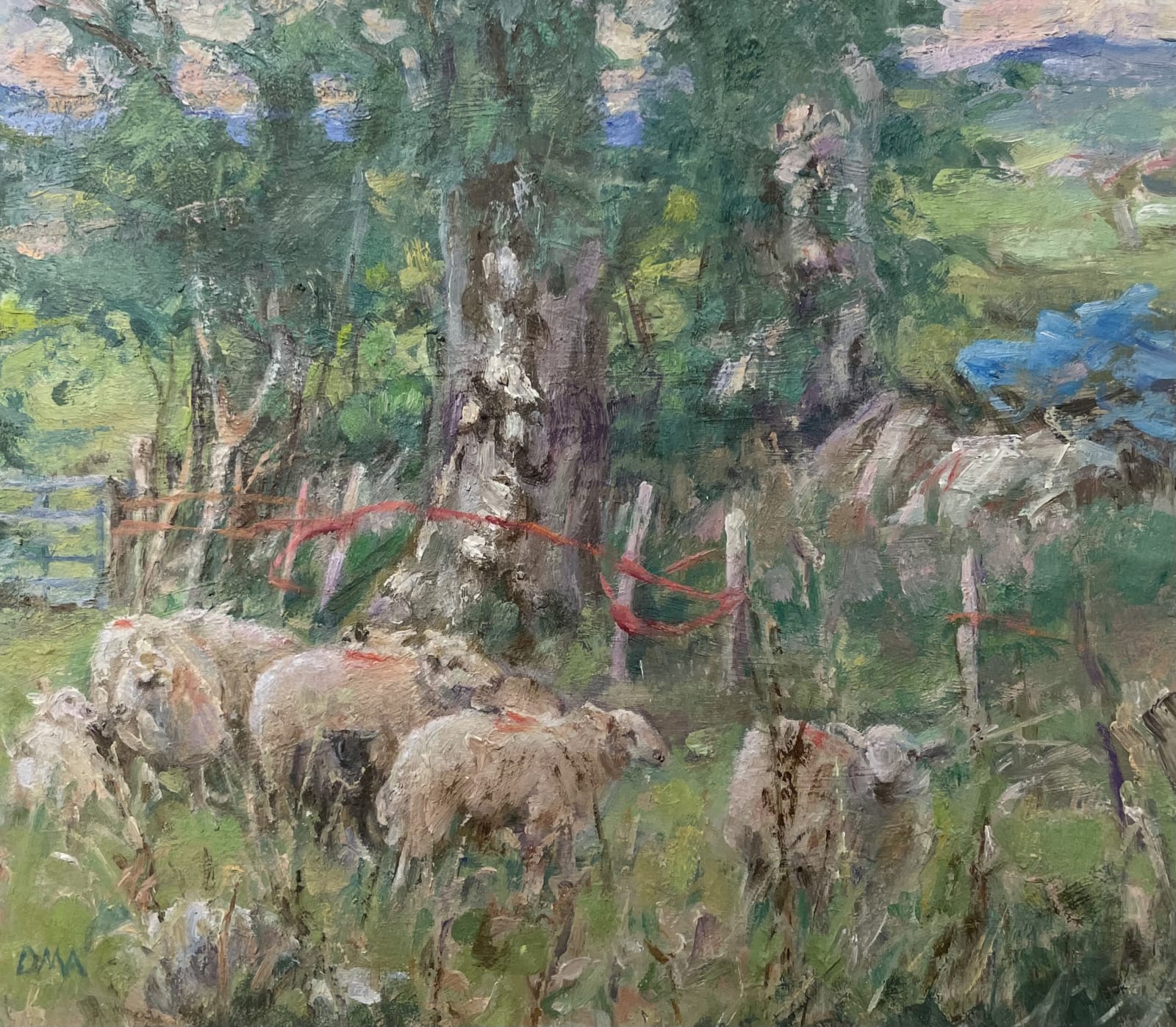 Diana Armfield , The blue tarpaulin, log pile
