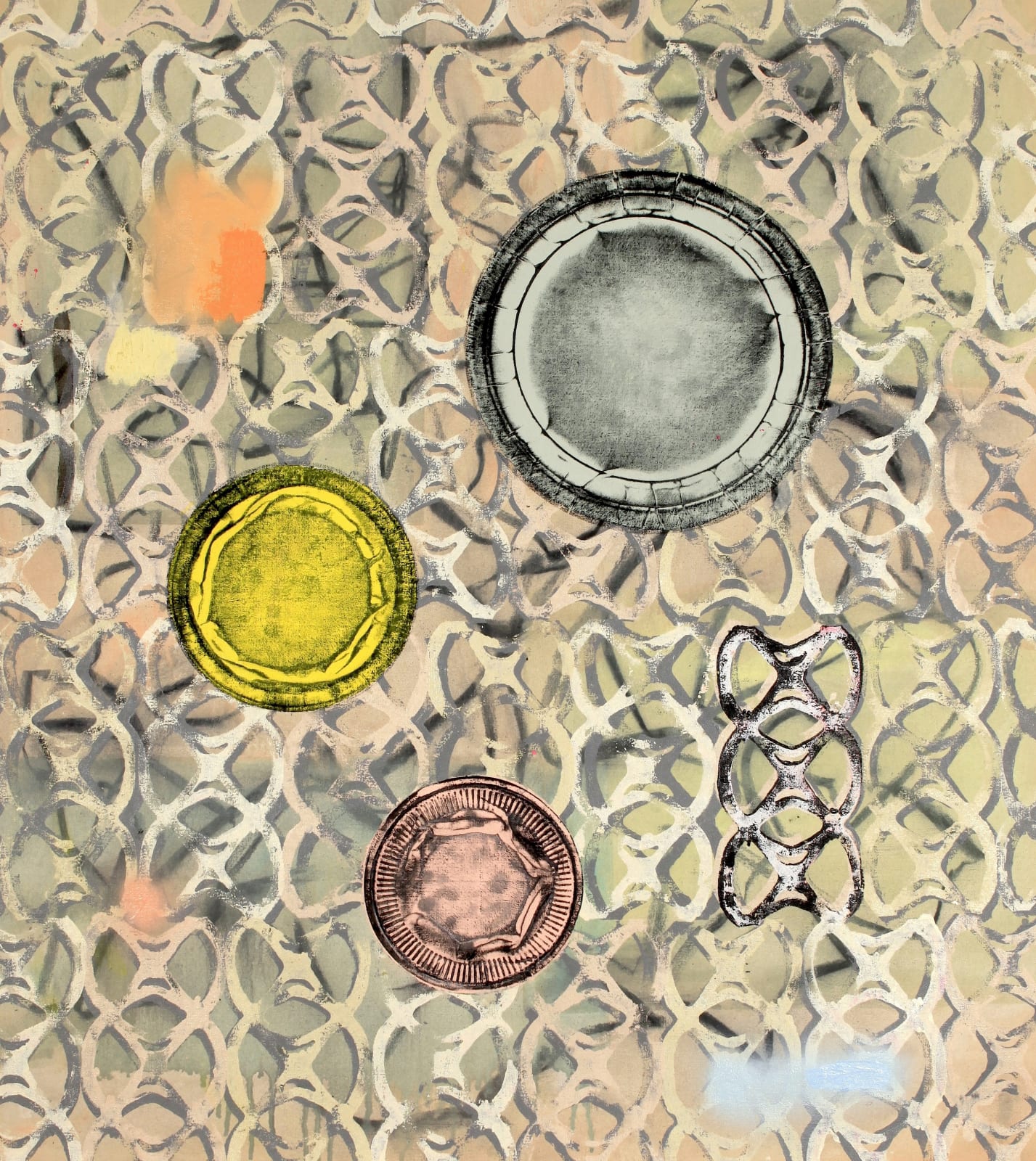 Rafael Rangel Six Pack #19 - 2019 Oil, oil sticks, chalk and spray paint monotypes on cavas 33 x 30 inches