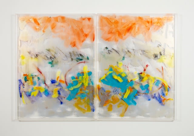 Danielle Frankenthal Morning Mist, 2022 Acrylic and interference paint plus oil stick on acrylic panels Diptych 48 x 74 " installed