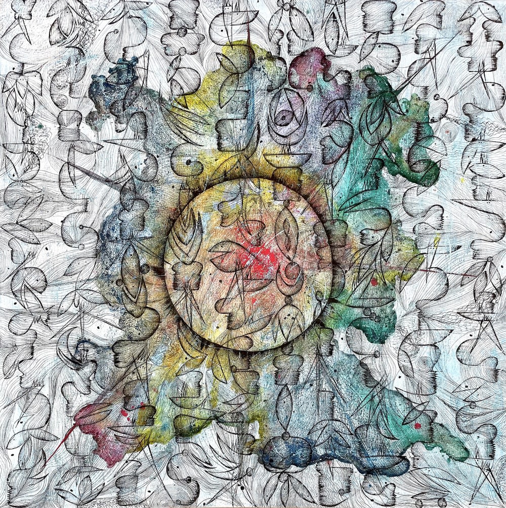 Annina Roescheisen AR - Vibrational Strings, 2020 Mixed media and ink on aluminum canvas 55 1/8 x 55 1/8 in 140 x 140 cm