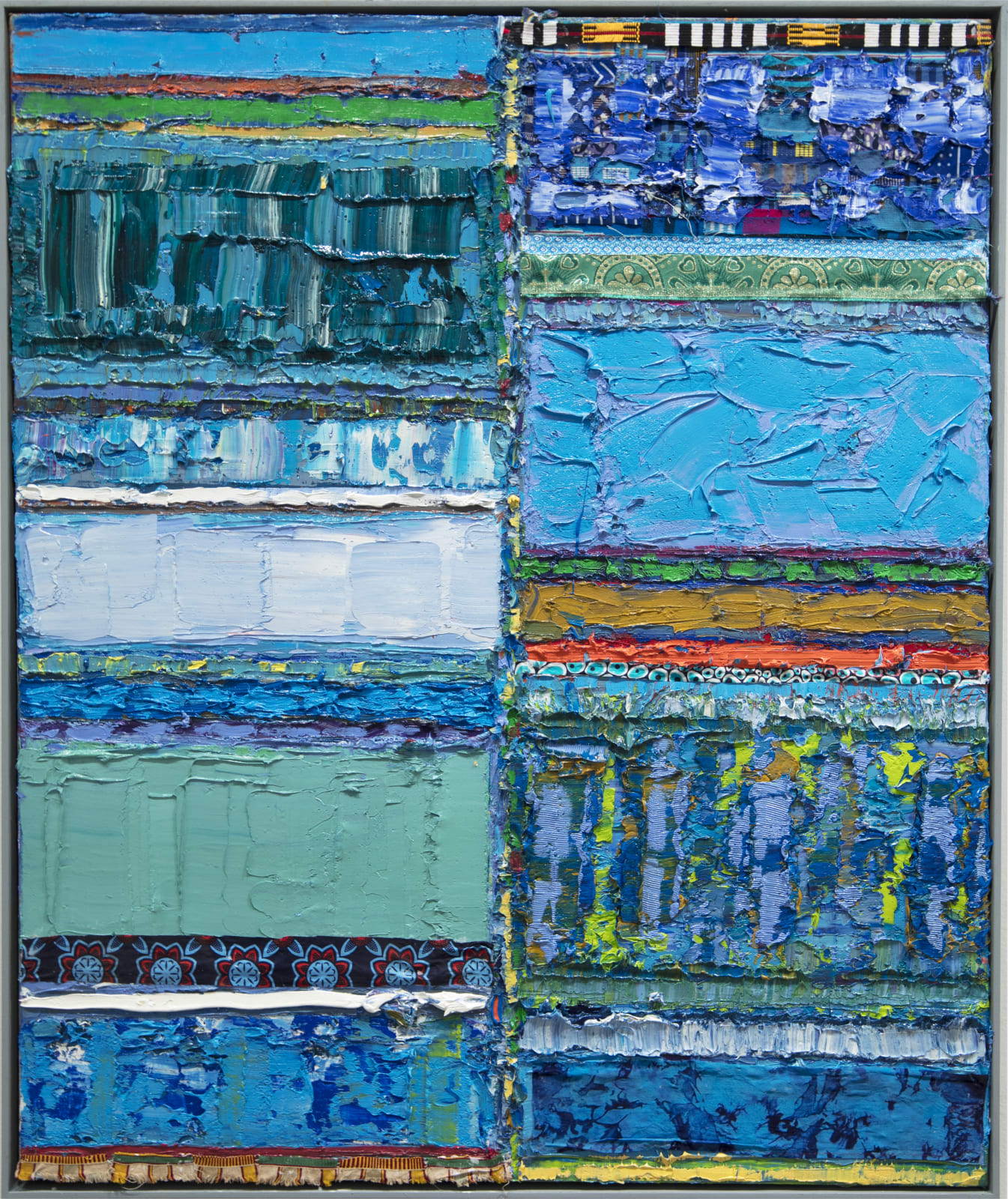 Tegene Kunbi, Stained Time, 2025, Oil and textile on canvas, 120 × 100 cm