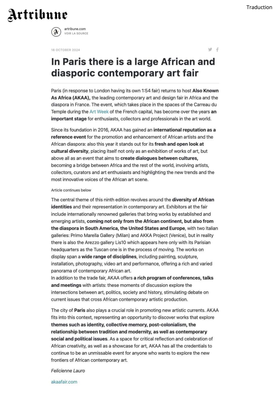 Artribune, In Paris there is a large and diasporic contemporary art fair October 18th, 2024