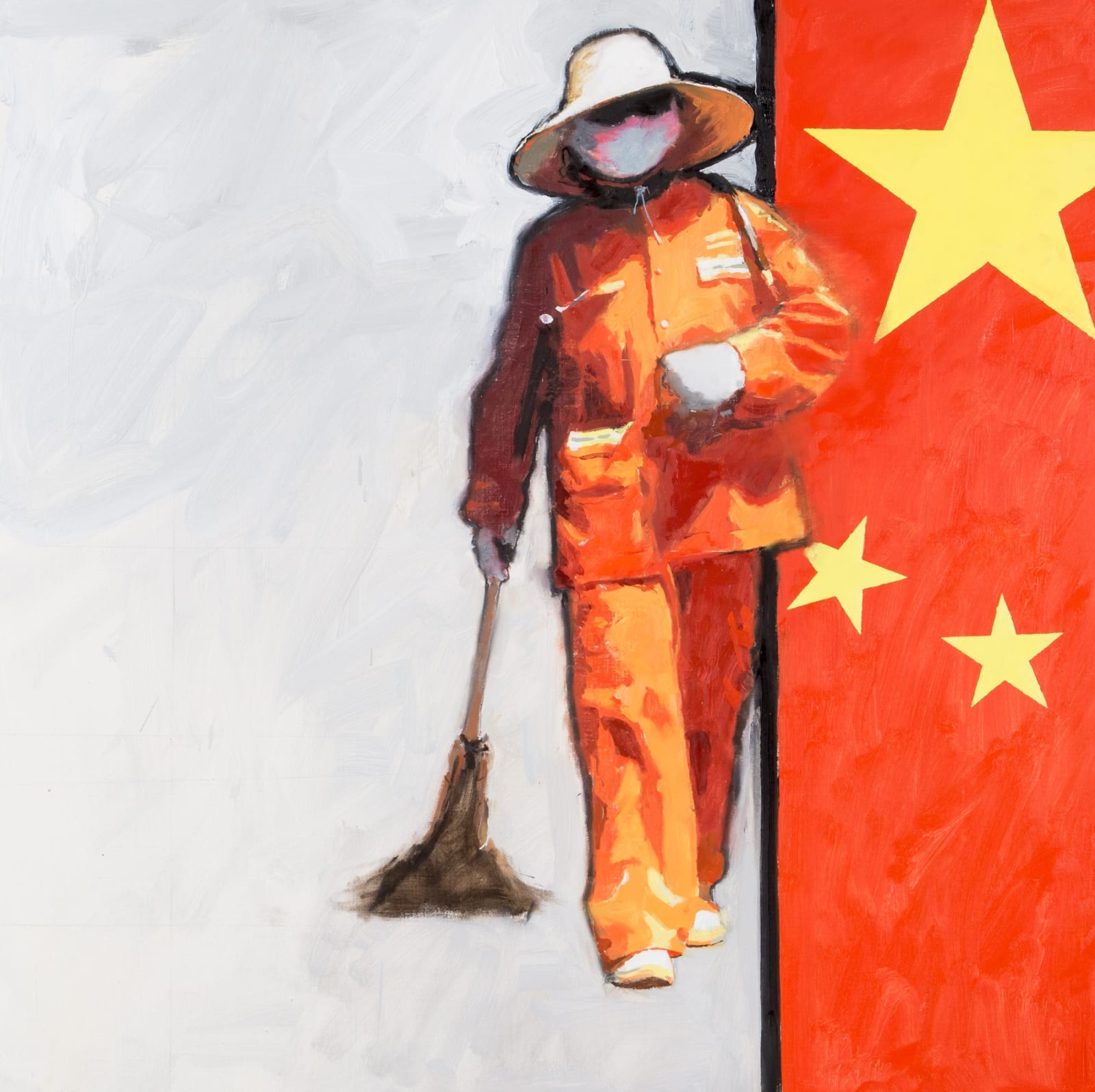 Street cleaner in orange, Beijing, China, 2014