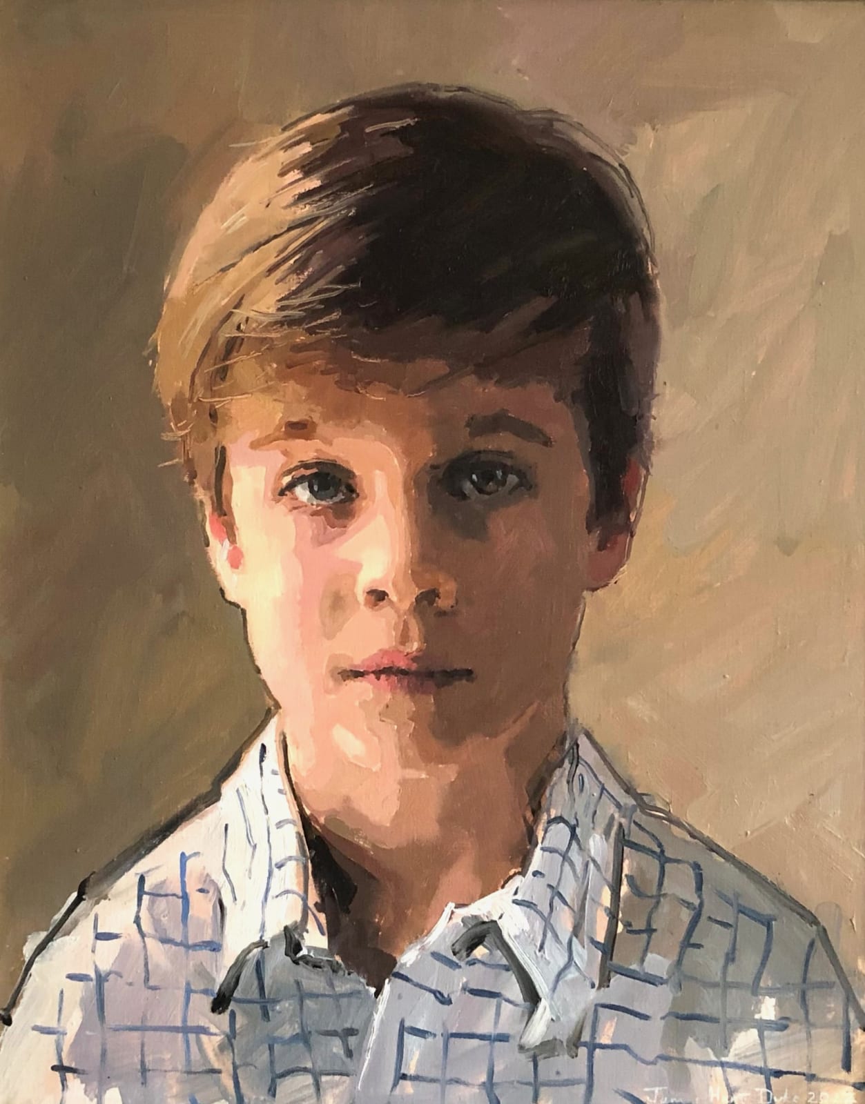 Boy in geometric shirt, portrait, 2022